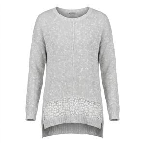 DE Collection Gray Crew Neck Lace Trim Knit Stretch Sweater Women Size S